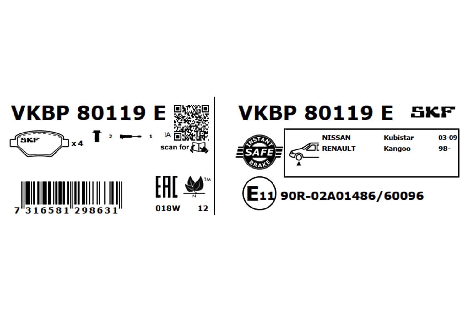 Комплект тормозных колодок, дисковый тормоз - VKBP 80119 E SKF